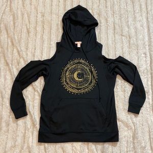Moon mandala sweatshirt cut out shoulders hooded long sleeve front pocket